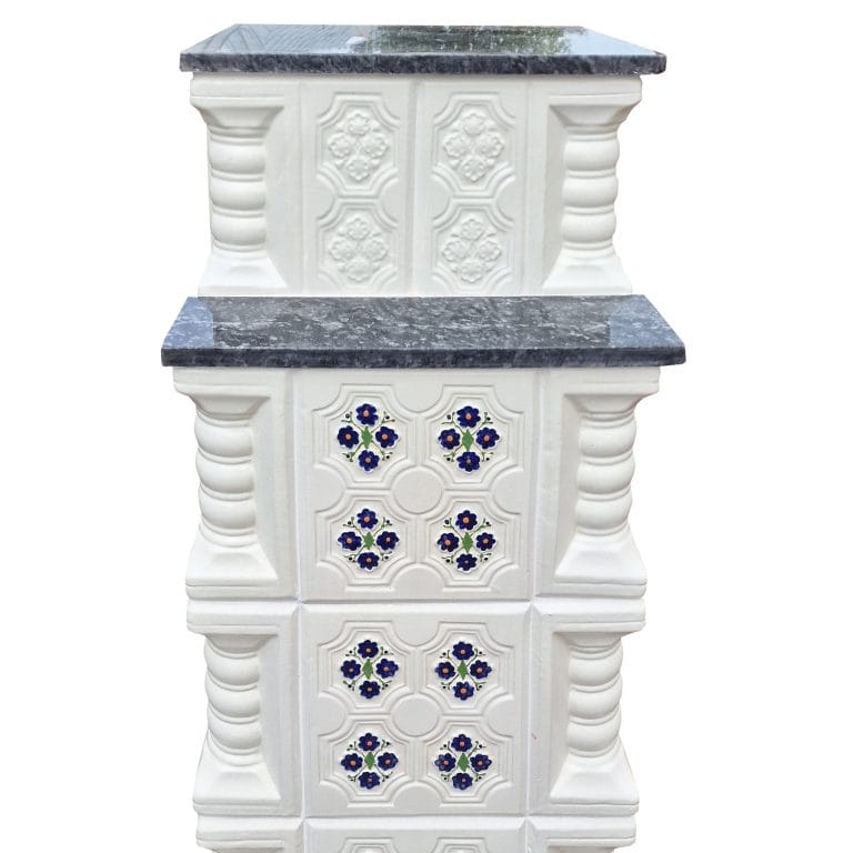 Soba teracotă, Gospodarul, turn 6 randuri, ușă sticlă, evacuare la spate, panseluță indigo pictată manual, albă, 160 cm x 46 cm x 46 cm - imagine 12