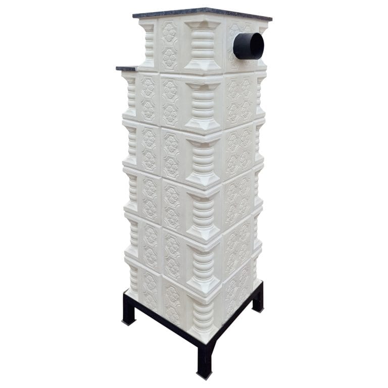 Soba teracotă, Gospodarul, turn 6 randuri, ușă sticlă, evacuare la spate, panseluță indigo pictată manual, albă, 160 cm x 46 cm x 46 cm - imagine 6
