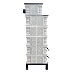 Soba teracotă, Gospodarul, turn 6 randuri, ușă sticlă, evacuare la spate, panseluță indigo pictată manual, albă, 160 cm x 46 cm x 46 cm - imagine 9