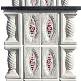 Soba teracotă, Gospodarul, turn 6 randuri trandafir rosu pictat manual, ușă sticlă, evacuare verticala, 160 cm x 57 cm x 46 cm - imagine 5
