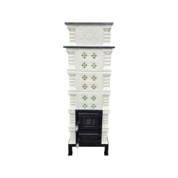 Soba teracotă, Gospodarul, turn 6 rânduri panseluță verde pictată manual, ușă sticlă, evacuare la spate, 160 cm x 57 cm x 46 cm - imagine 2