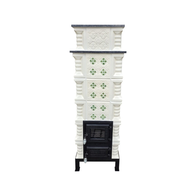 Soba teracotă, Gospodarul, turn 6 rânduri panseluță verde pictată manual, ușă sticlă, evacuare la spate, 160 cm x 57 cm x 46 cm - imagine 2