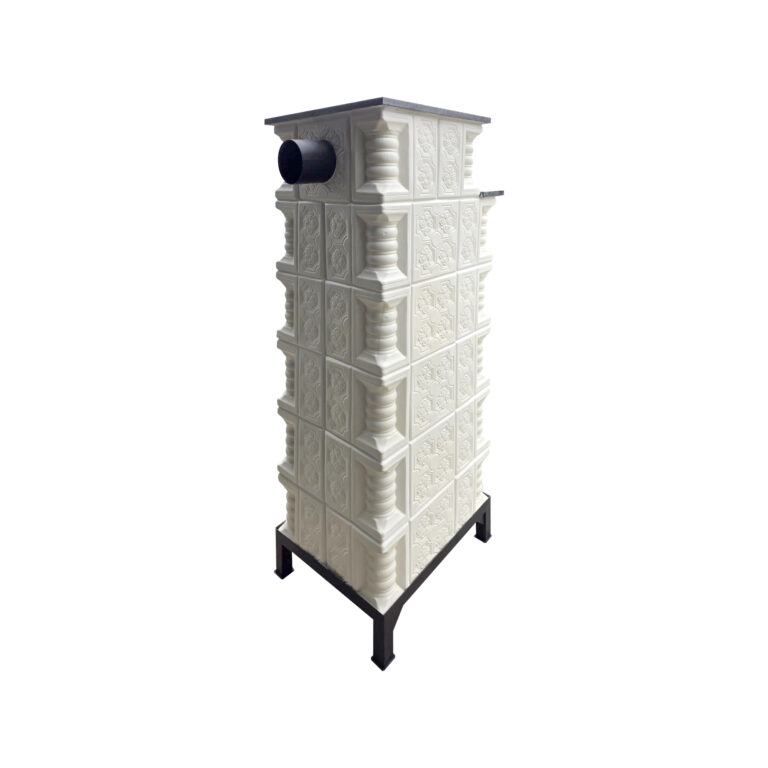Soba teracotă, Gospodarul, turn 6 rânduri panseluță verde pictată manual, ușă sticlă, evacuare la spate, 160 cm x 57 cm x 46 cm - imagine 5