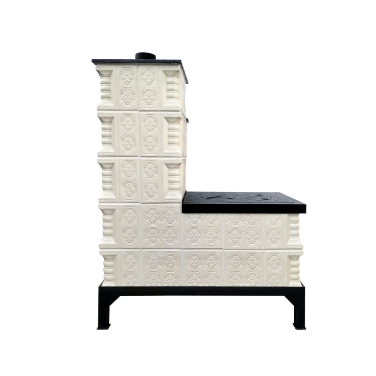 Soba mobila teracotă, Gospodarul, 5 rânduri, plită mare, alimentare și cuptor dreapta, evacuare verticală, panseluță albă, 140 cm x 113 cm x 57 cm - imagine 5