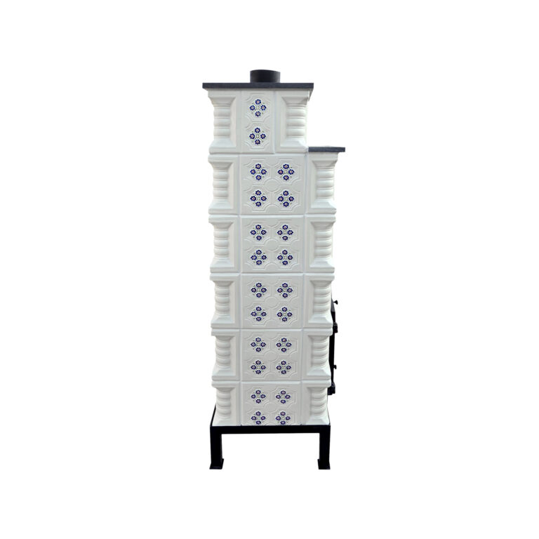 Soba teracotă, Gospodarul, turn 6 randuri, panseluta albastra pictata manual 3 fețe, ușă sticlă tiraj duble, evacuare verticala, 160 cm x 46 cm x 57 cm - imagine 3