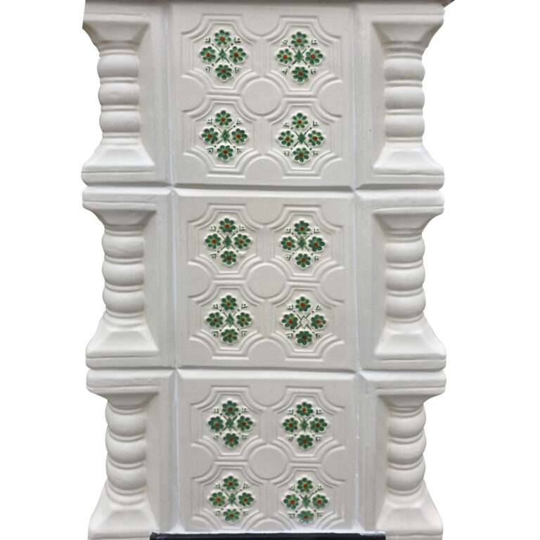 Soba teracotă, Gospodarul, turn 6 rânduri panseluță verde pictată manual, ușă sticlă, evacuare la spate, 160 cm x 57 cm x 46 cm - imagine 7