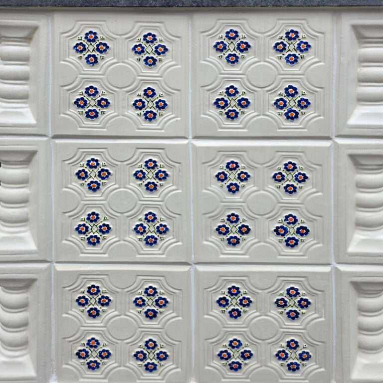 Semineu teracota, Gospodarul, 5 randuri, panseluta indigo pictata manual, alb, evacuare verticala, 140 cm x 67 cm x 46 cm - imagine 7