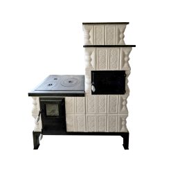 Soba mobila teracotă, Gospodarul, 5 rânduri, plită mare, alimentare și cuptor dreapta, evacuare la spate, Crina bej, 140 cm x 113 cm x 57 cm