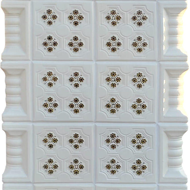 Semineu teracota, Gospodarul, 6 randuri + cornișă, panseluta auriu/maro, placi pictate manual, evacuare la spate, 172 cm x 67 cm x 46 cm - imagine 3